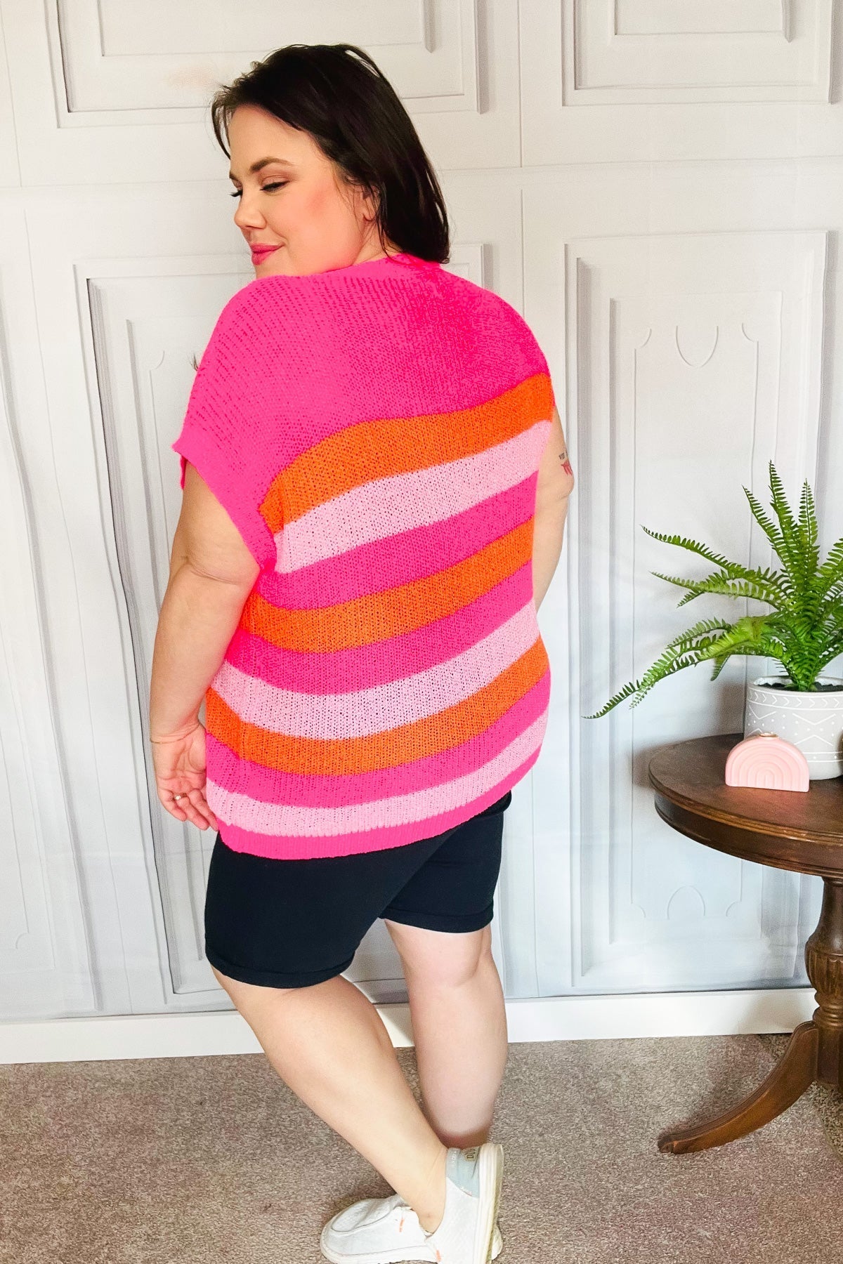 Feeling Bold Fuchsia & Orange Stripe Short Sleeve Dolman Sweater -SALE-