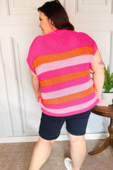 Feeling Bold Fuchsia & Orange Stripe Short Sleeve Dolman Sweater -SALE-