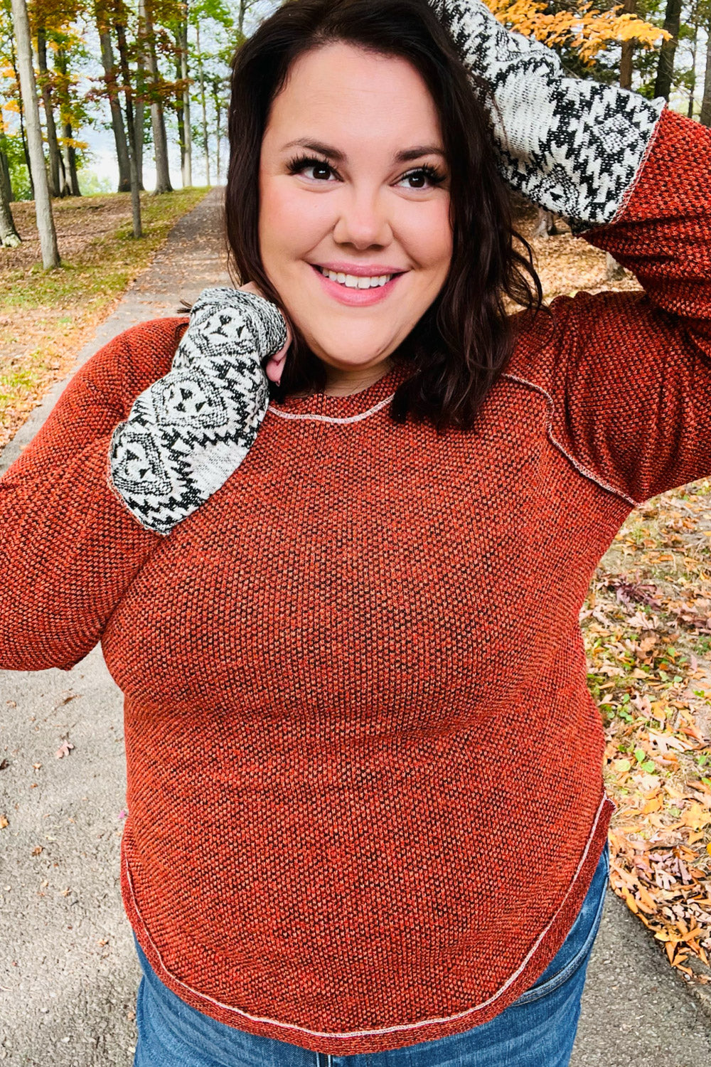 Rust Textured Aztec Outseam Top