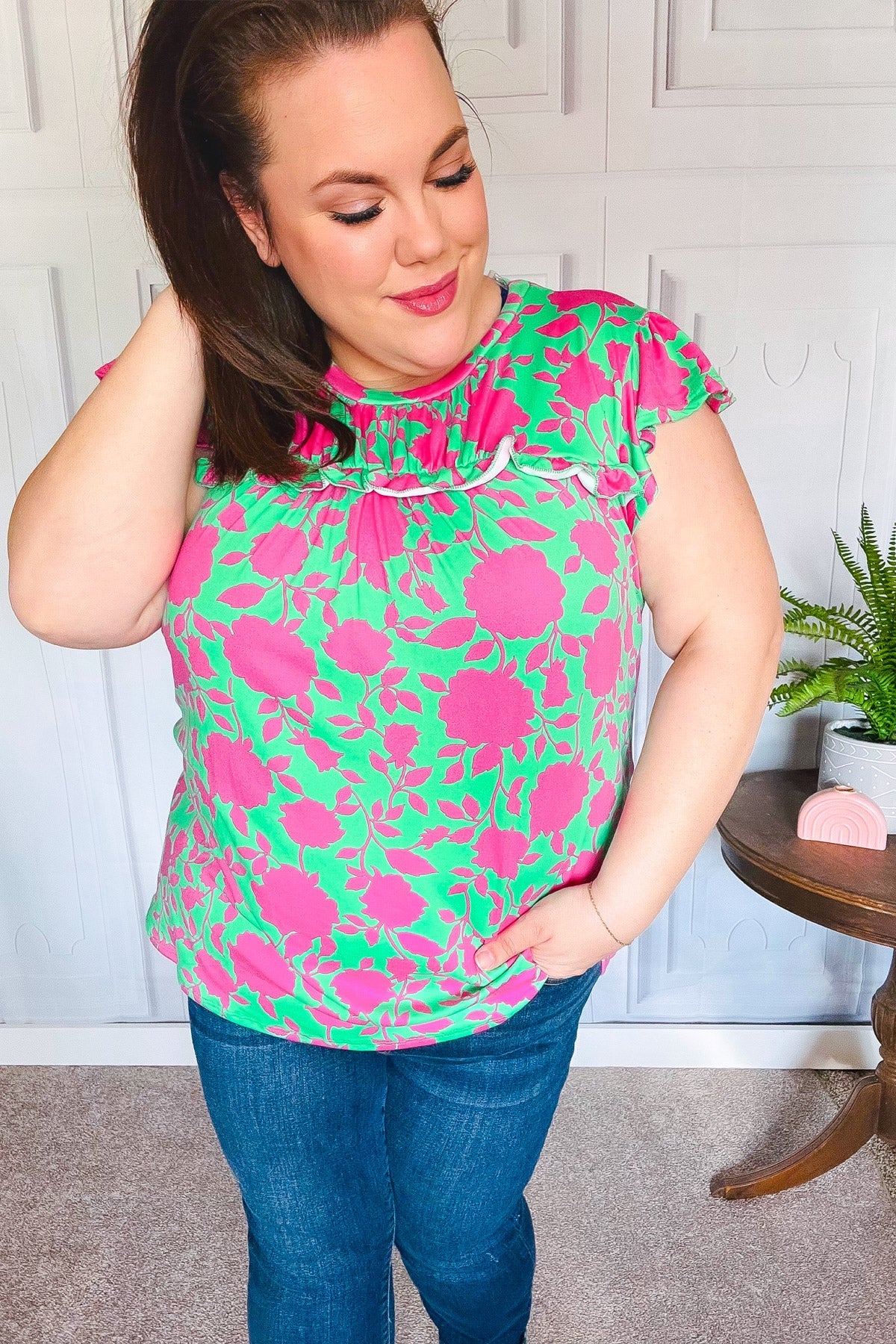 Sassy Green & Fuchsia Floral Ruffle Short Sleeve Yoke Top