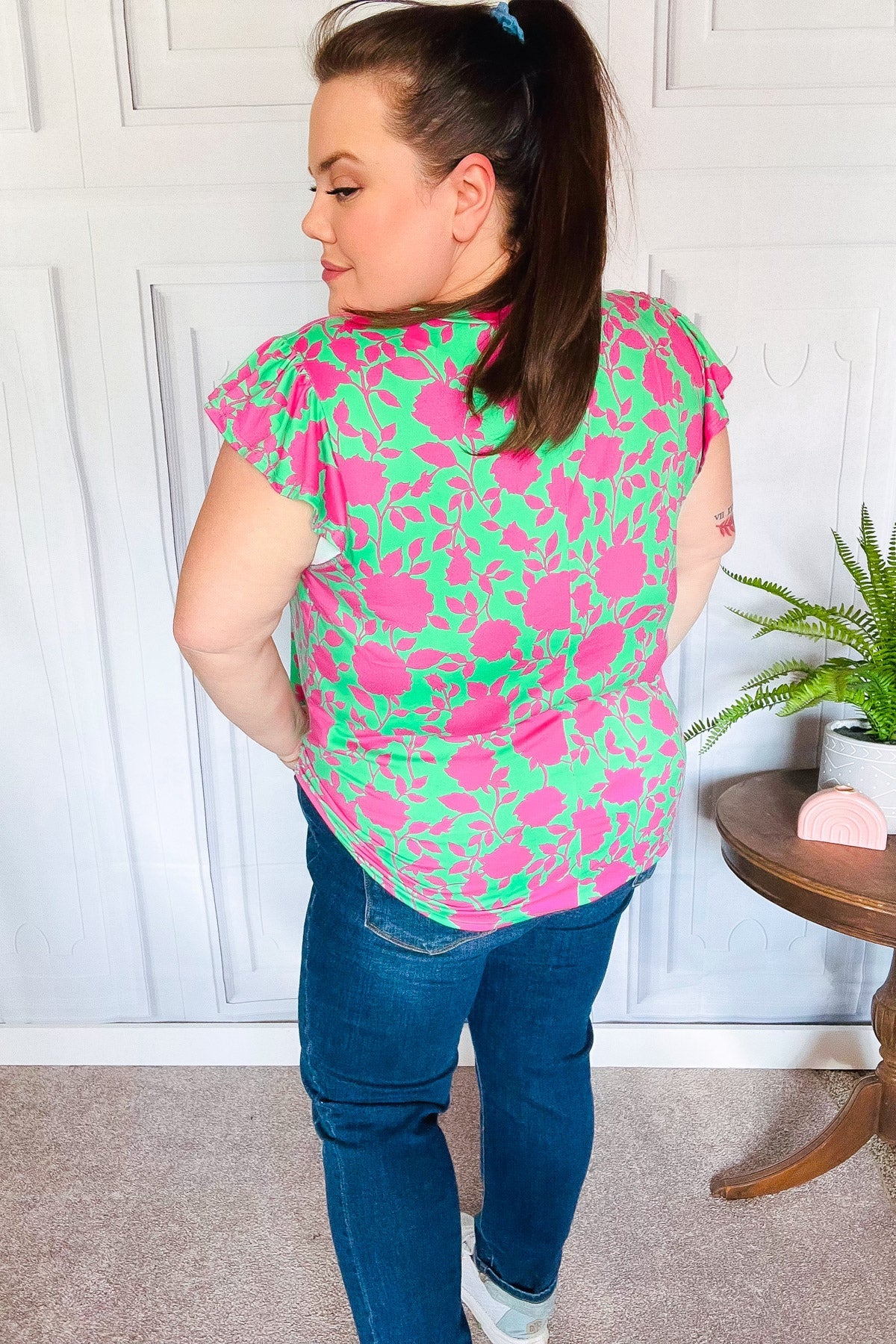 Sassy Green & Fuchsia Floral Ruffle Short Sleeve Yoke Top