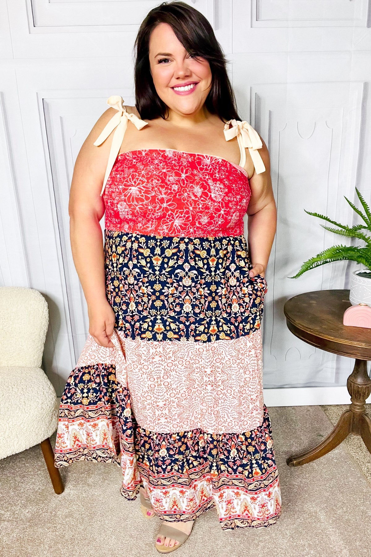 Vacay Vibes Orange Floral Smocked Tube Top Tiered Maxi Dress -SALE-