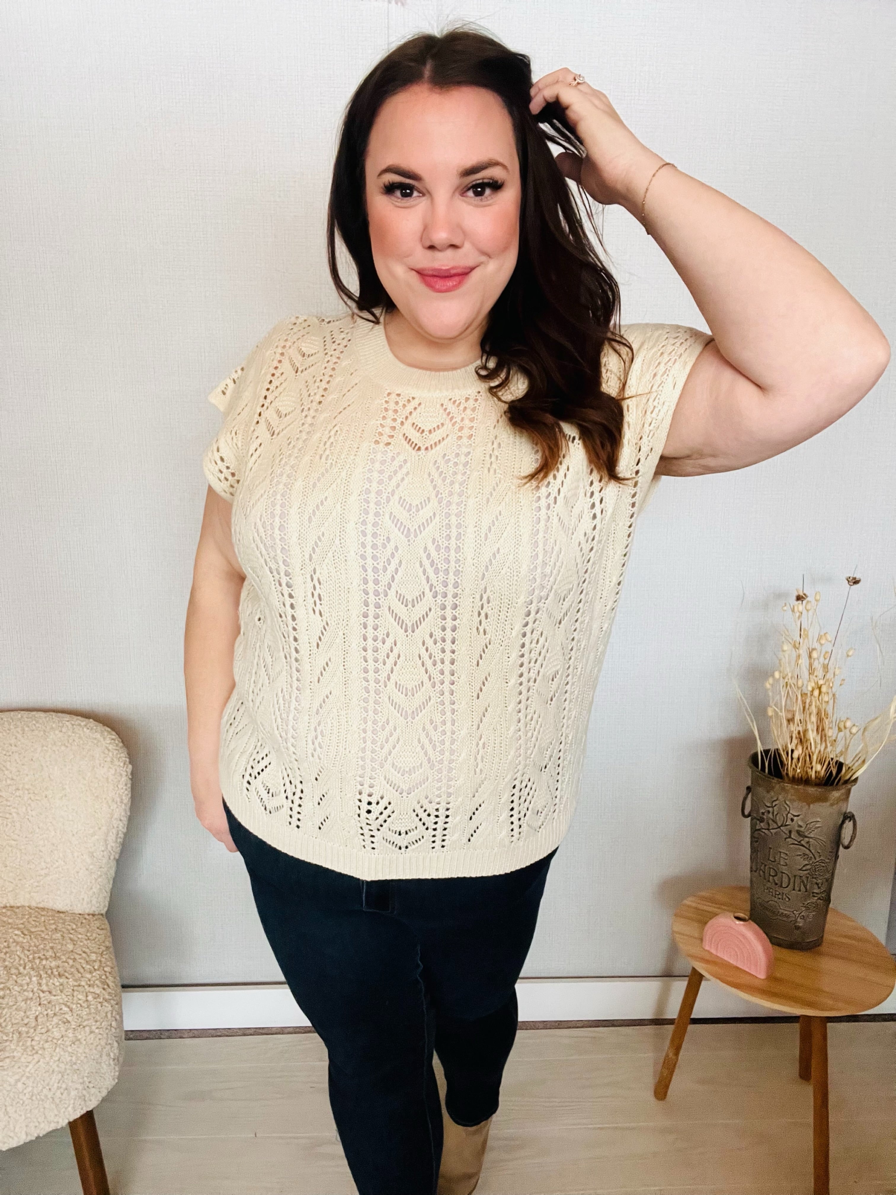 The Perfect Find Beige Dolman Short Sleeve Crochet Sweater Top