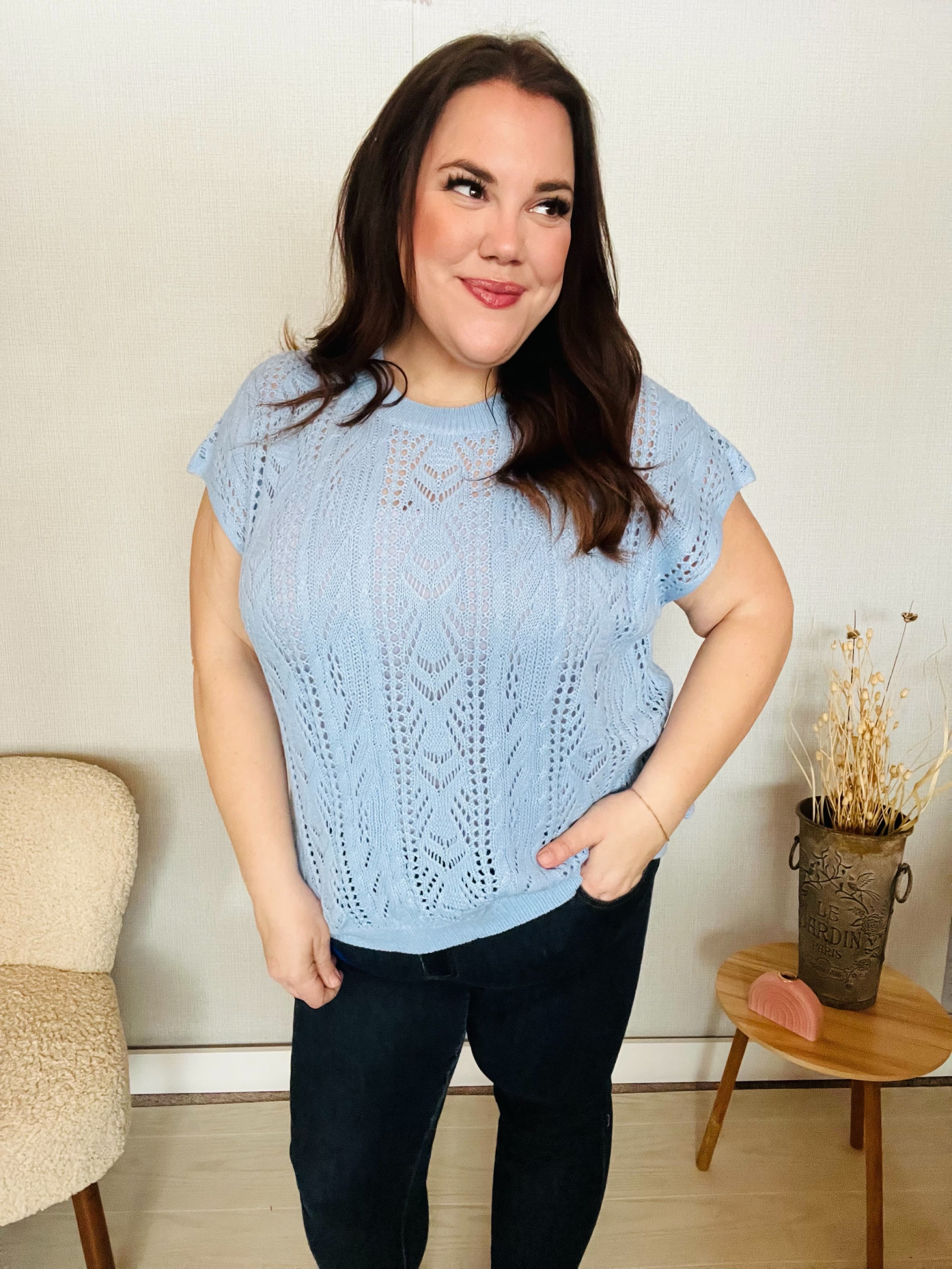 The Perfect Find Sky Blue Dolman Short Sleeve Crochet Sweater Top