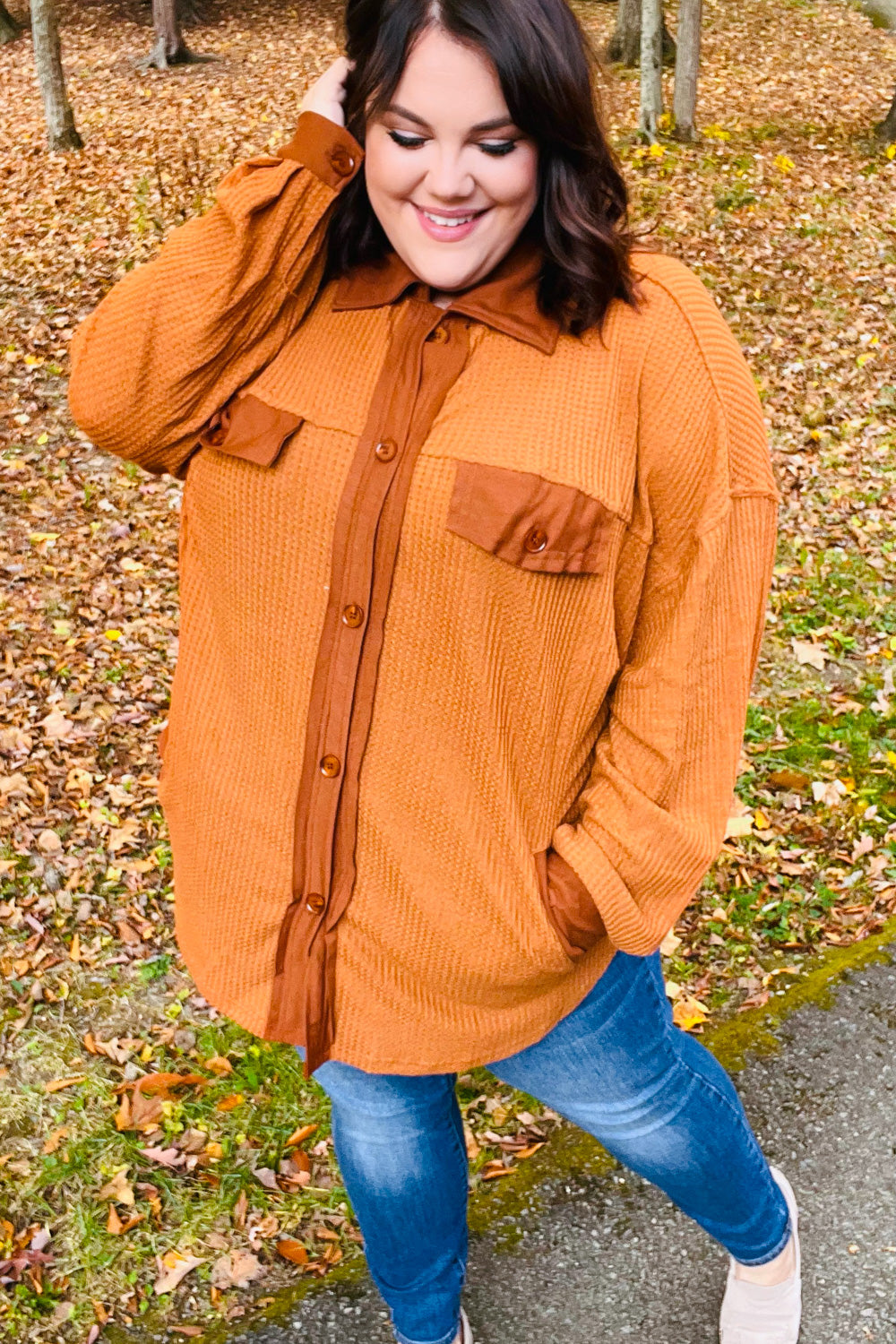 Rust Waffle Button Down Oversized Shacket -SALE-