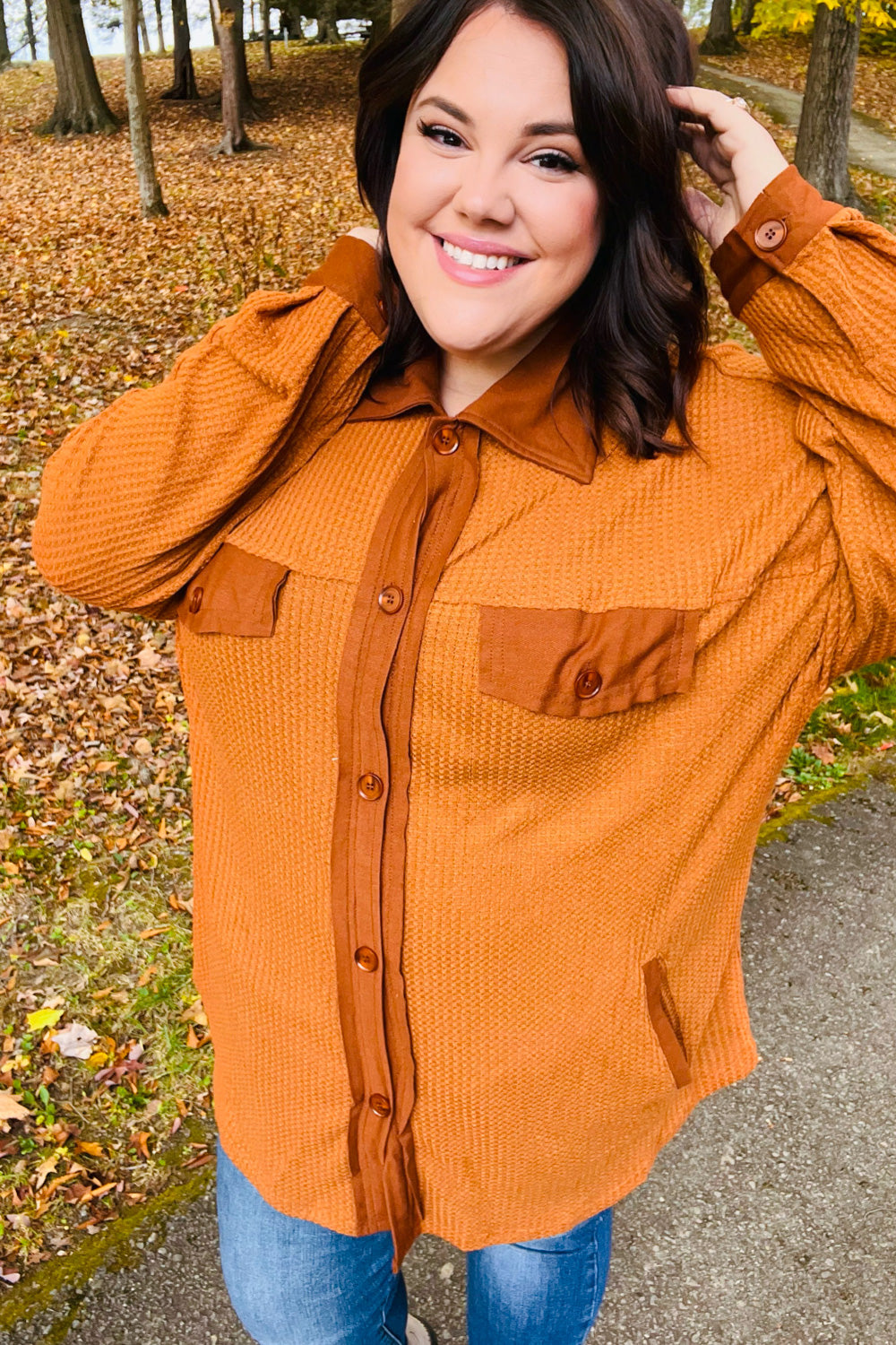 Rust Waffle Button Down Oversized Shacket -SALE-