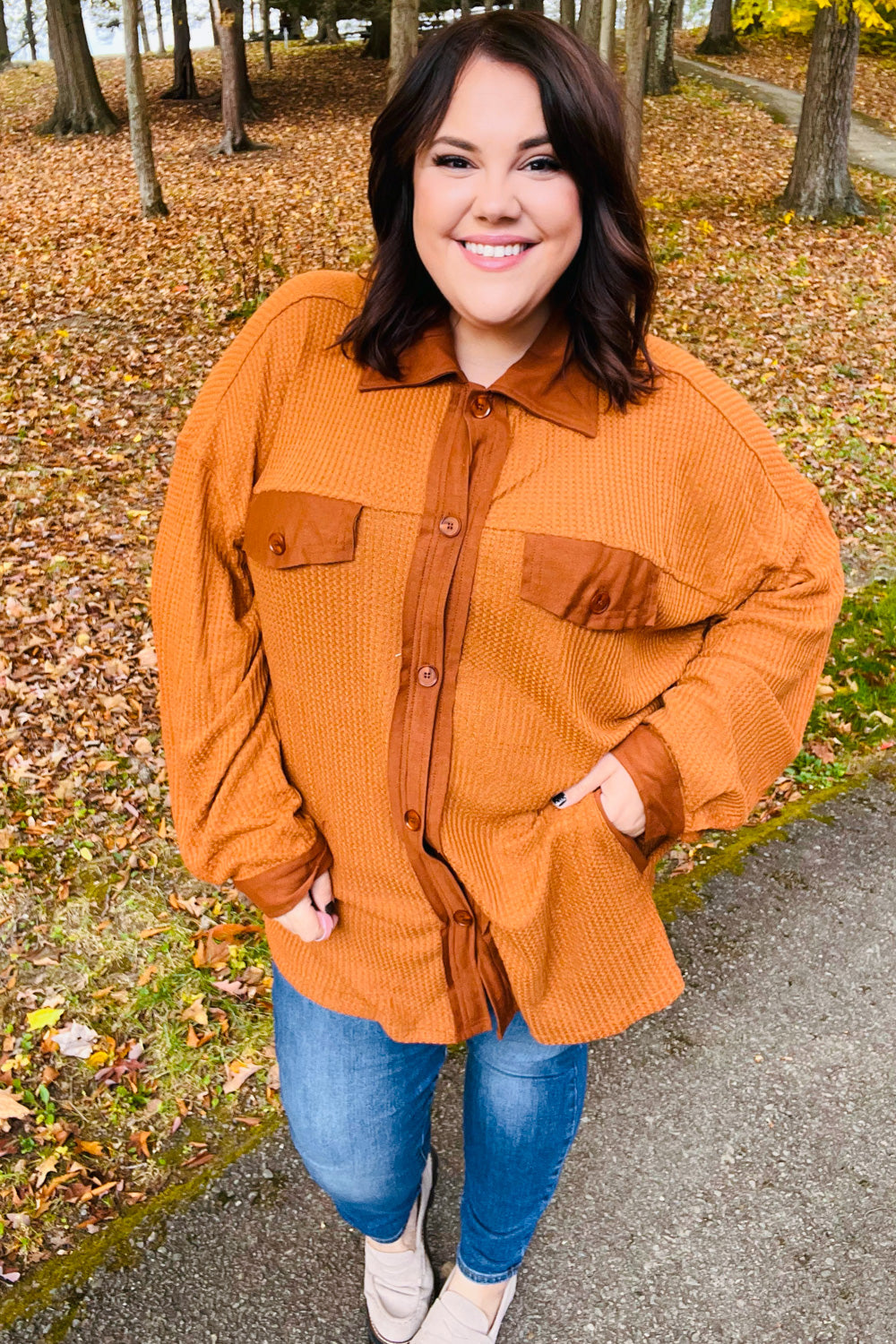 Rust Waffle Button Down Oversized Shacket -SALE-