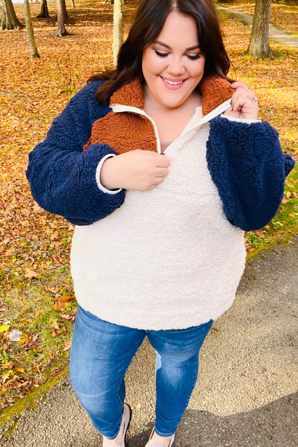 Seize The Day Navy & Taupe Quarter Zip Sherpa Pullover