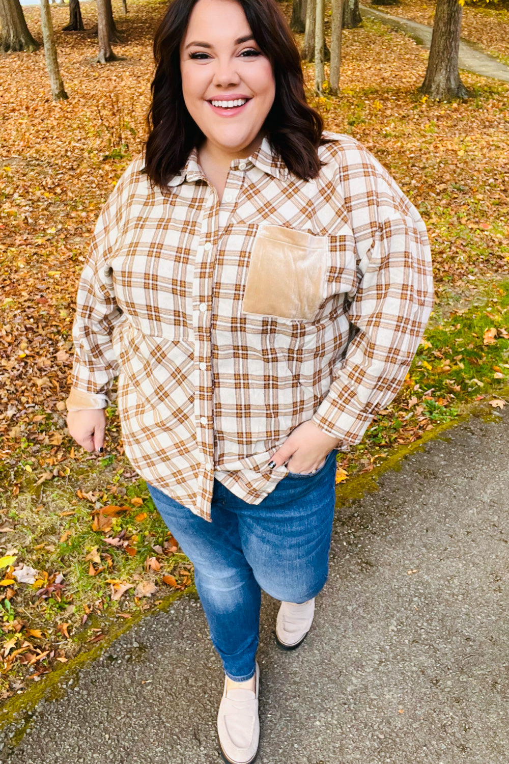 Taupe Plaid Velvet Pocket Button Down Top -SALE-