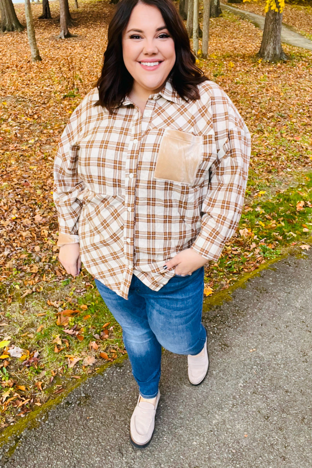 Taupe Plaid Velvet Pocket Button Down Top -SALE-