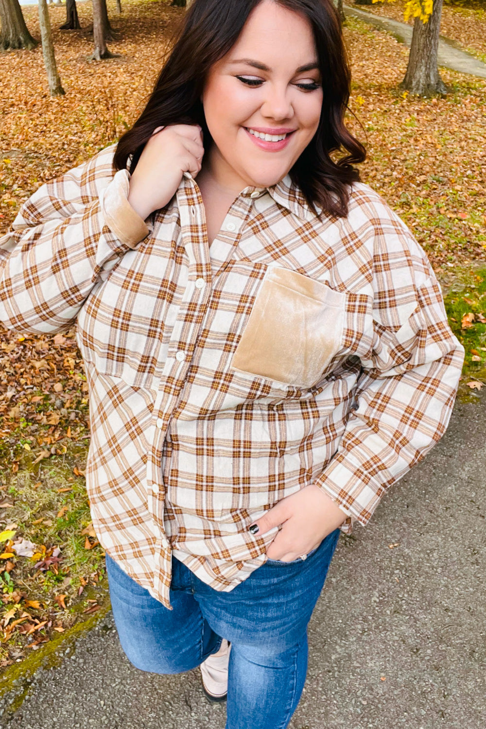 Taupe Plaid Velvet Pocket Button Down Top -SALE-