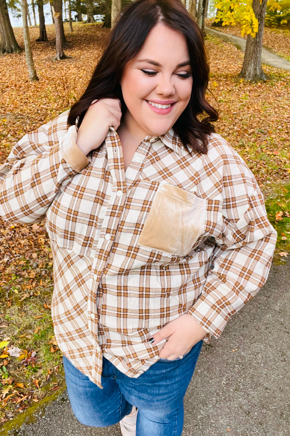 Taupe Plaid Velvet Pocket Button Down Top -SALE-