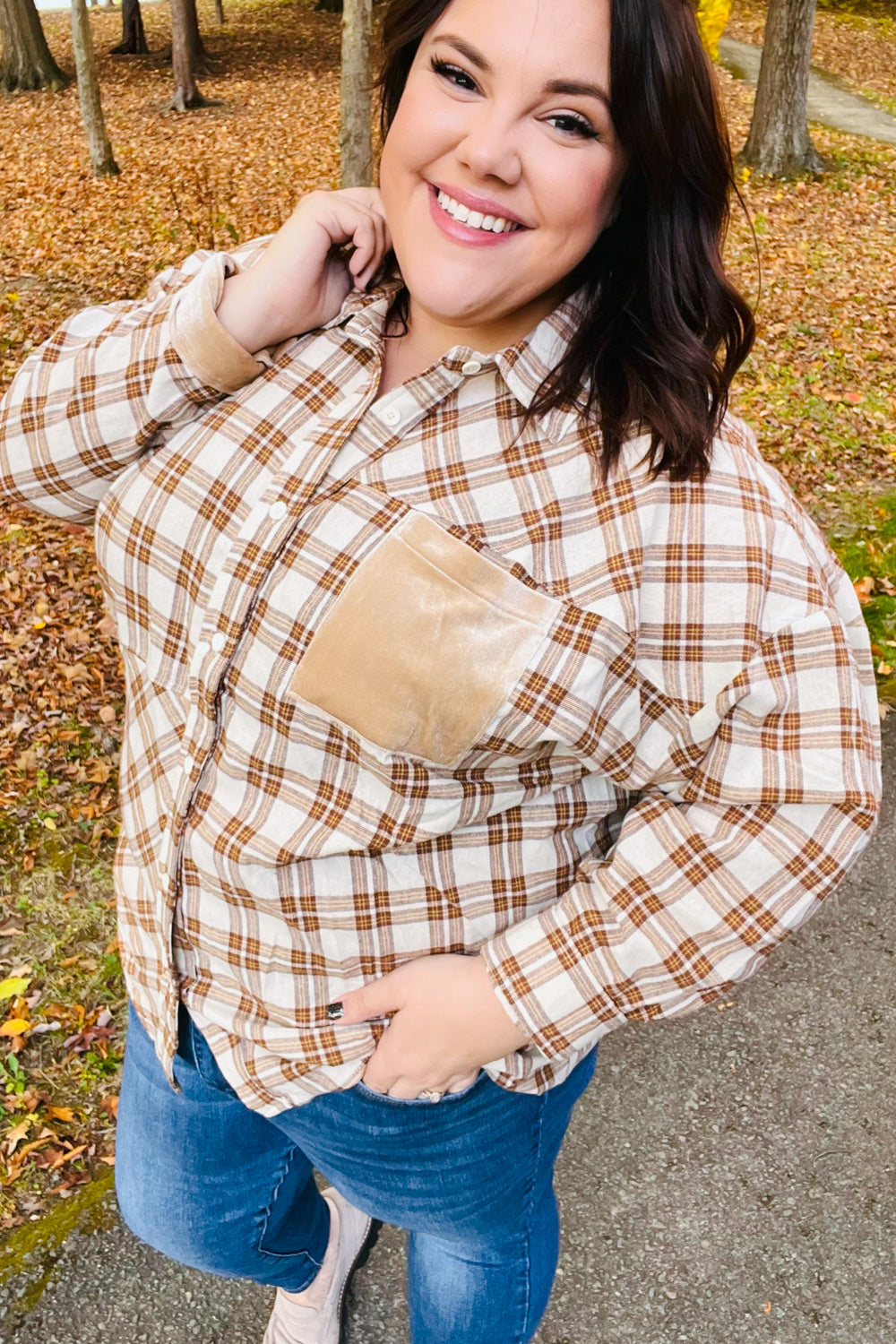 Taupe Plaid Velvet Pocket Button Down Top -SALE-