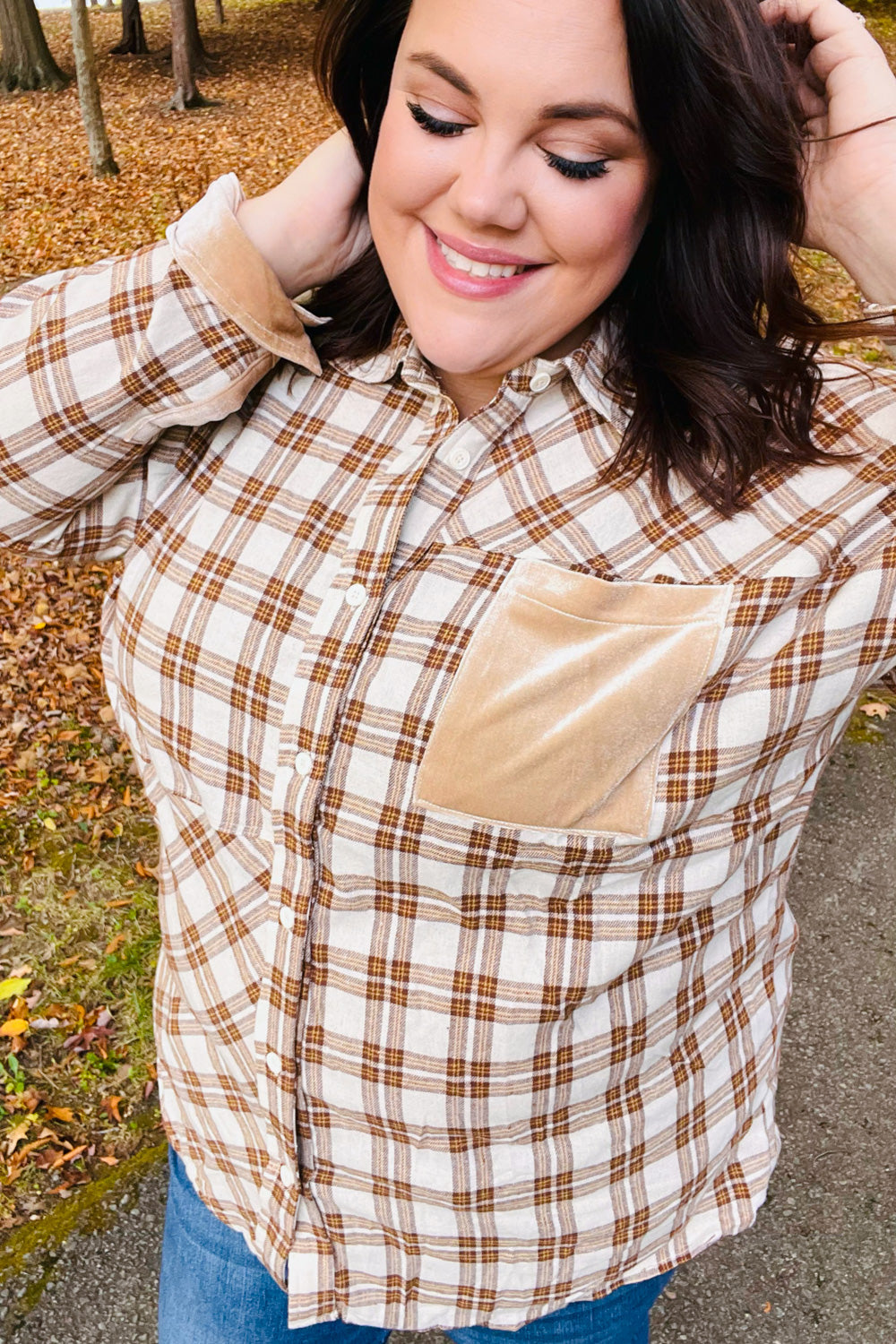 Taupe Plaid Velvet Pocket Button Down Top -SALE-