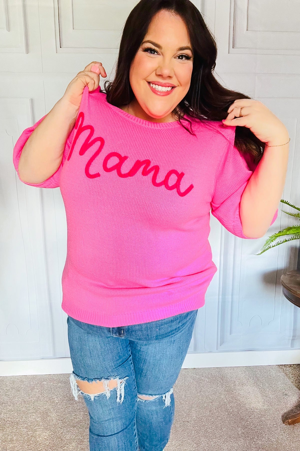 Pink "Mama" Embroidery Puff Sleeve Sweater Top