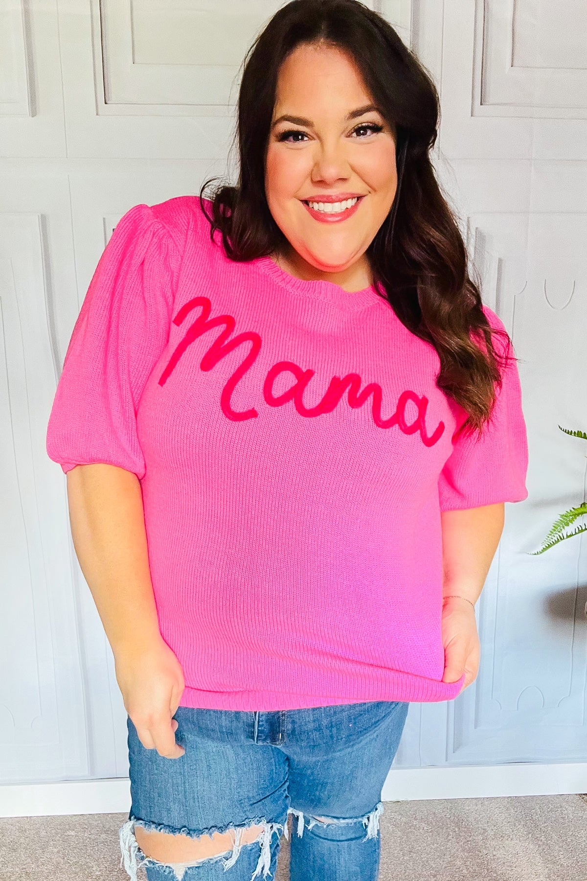 Pink "Mama" Embroidery Puff Sleeve Sweater Top