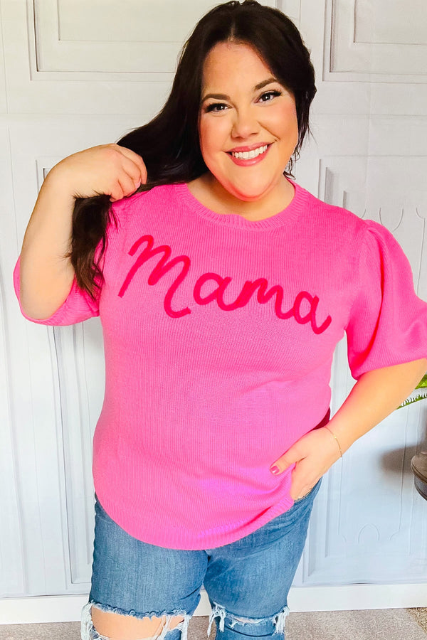 Take A Bow Pink "Mama" Embroidery Puff Sleeve Sweater Top