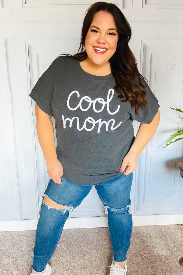 Take A Bow Charcoal "Cool Mom" Embroidery Pop-Up Rib Dolman Top
