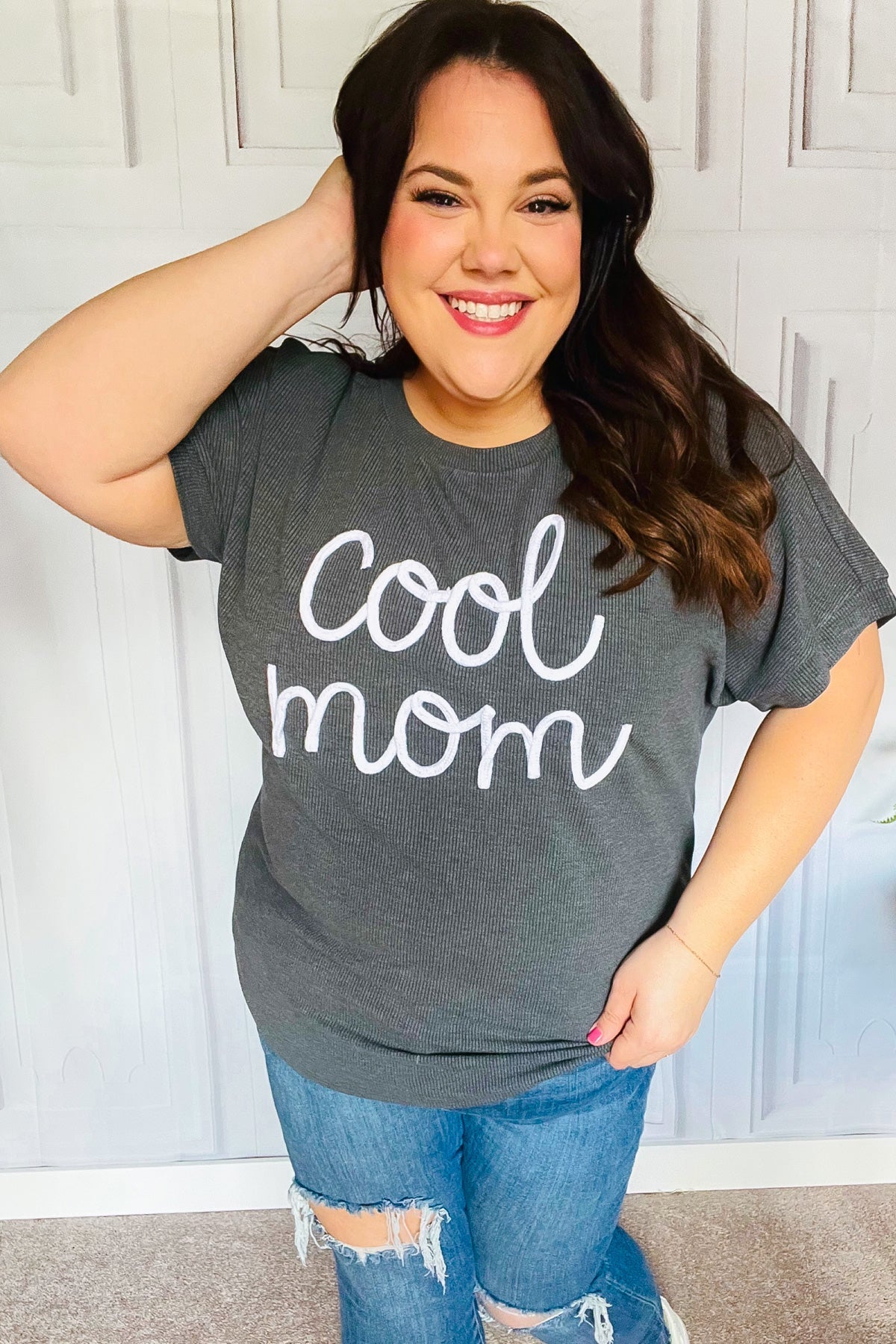 Charcoal "Cool Mom" Embroidery Pop-Up Rib Dolman Top