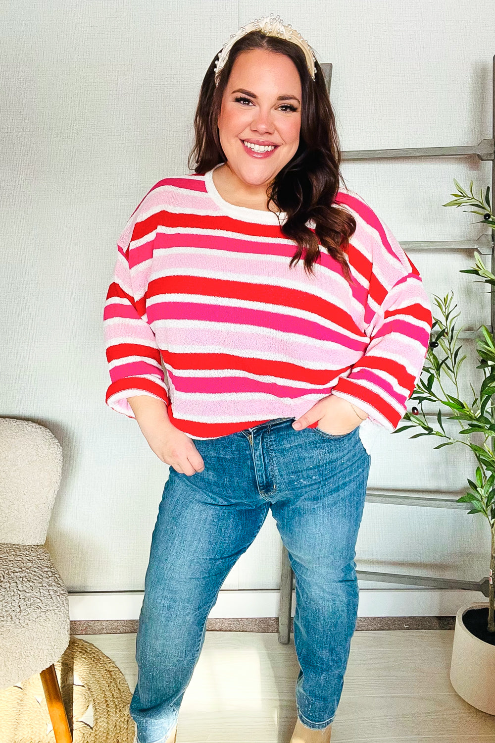 Follow Me Red/Pink Loose Knit Stripe Ribbed Pullover