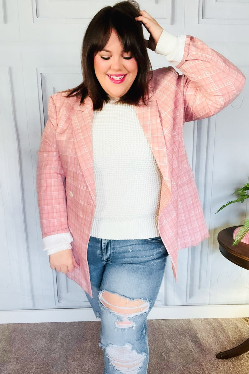 Get To It Pink Plaid Double Breasted Collar Lapel Blazer