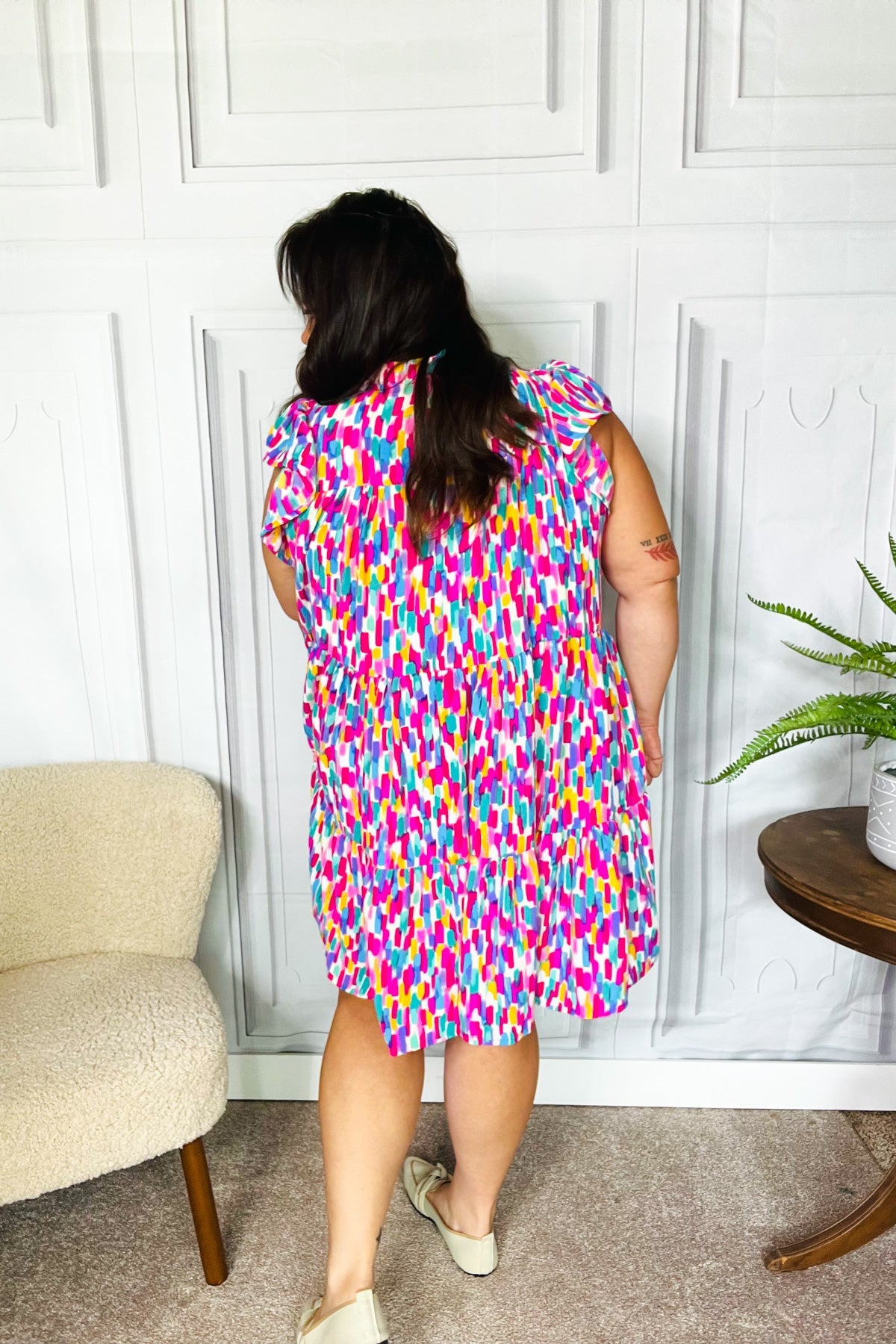 Feeling Femme' Fuchsia & Mint Abstract Print Frill Mock Neck Dress