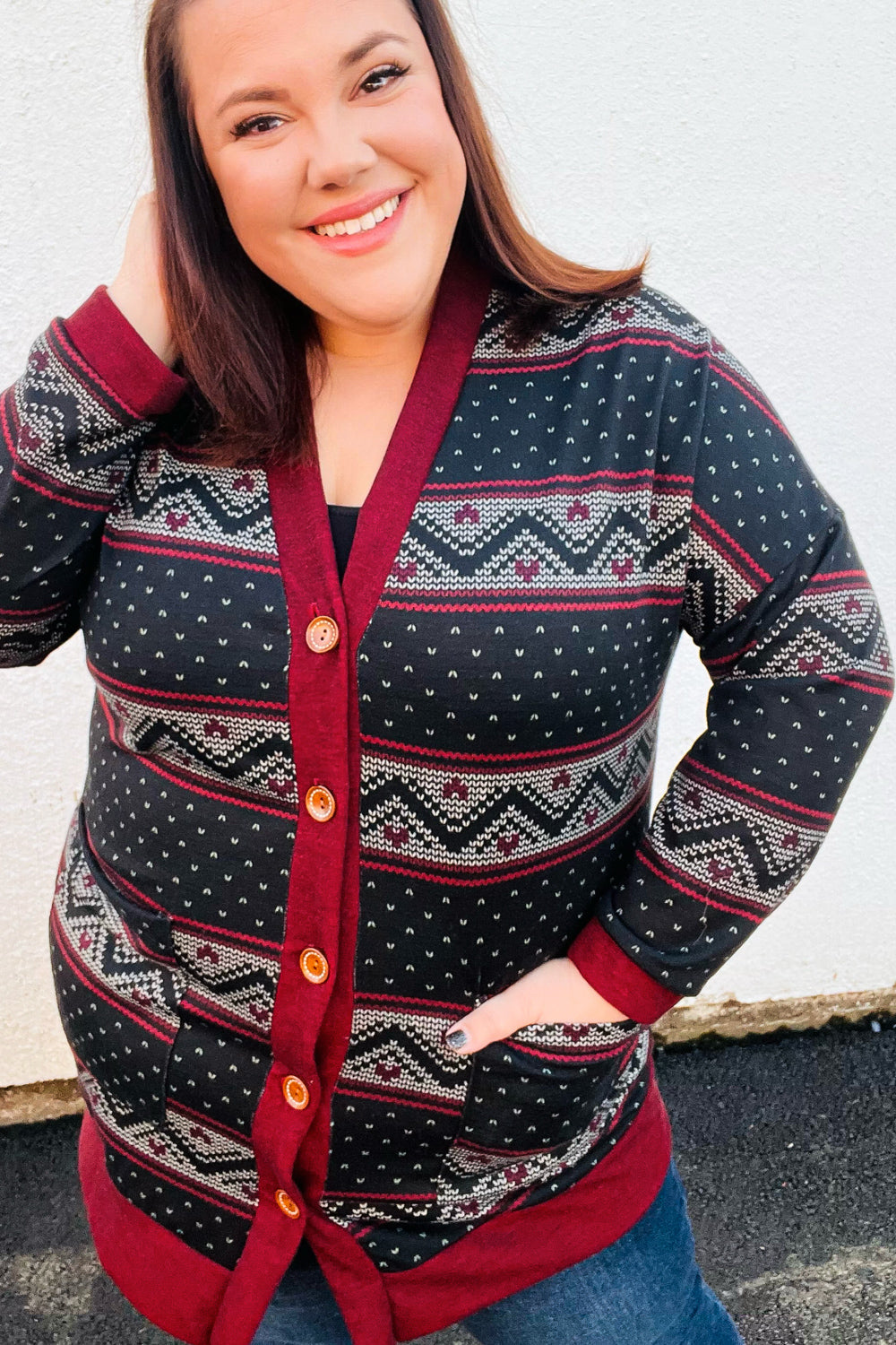 All Class Burgundy Holiday Print Button Cardigan