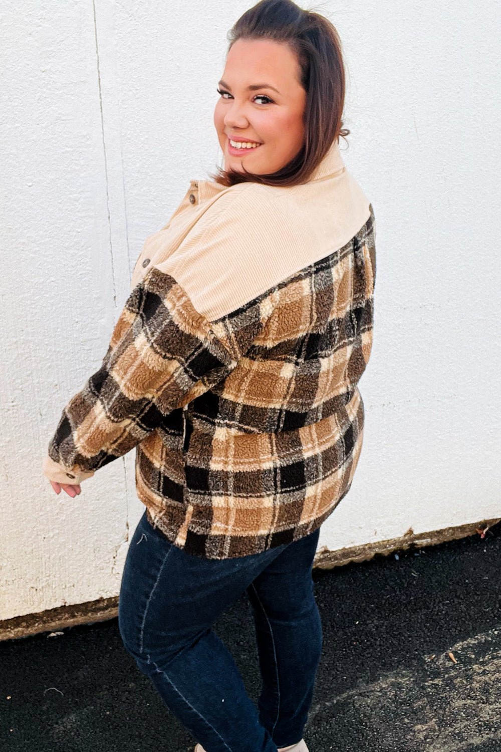 Adorable Taupe Corduroy & Plaid Sherpa Button Jacket