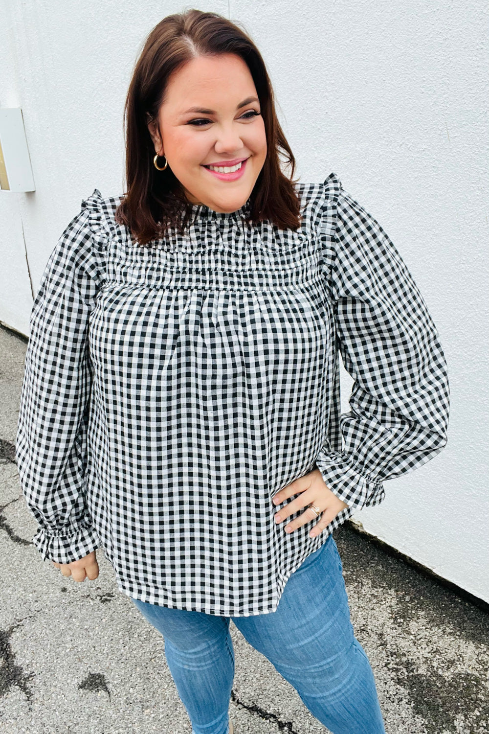 Black Gingham Shirred Yoke Mock Neck Frilled Top -sale-