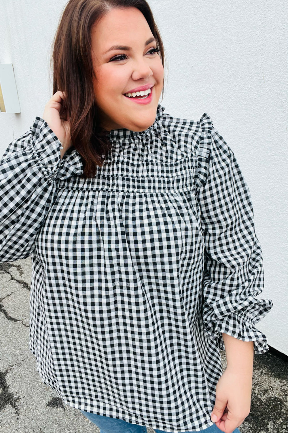 Black Gingham Shirred Yoke Mock Neck Frilled Top -sale-