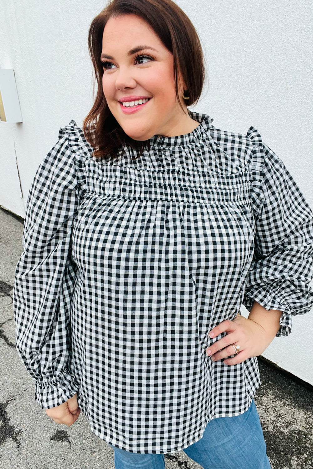 Black Gingham Shirred Yoke Mock Neck Frilled Top -sale-