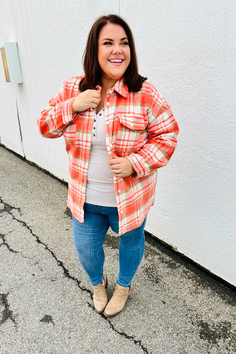 Orange Plaid Flannel Button Down Shacket -SALE-