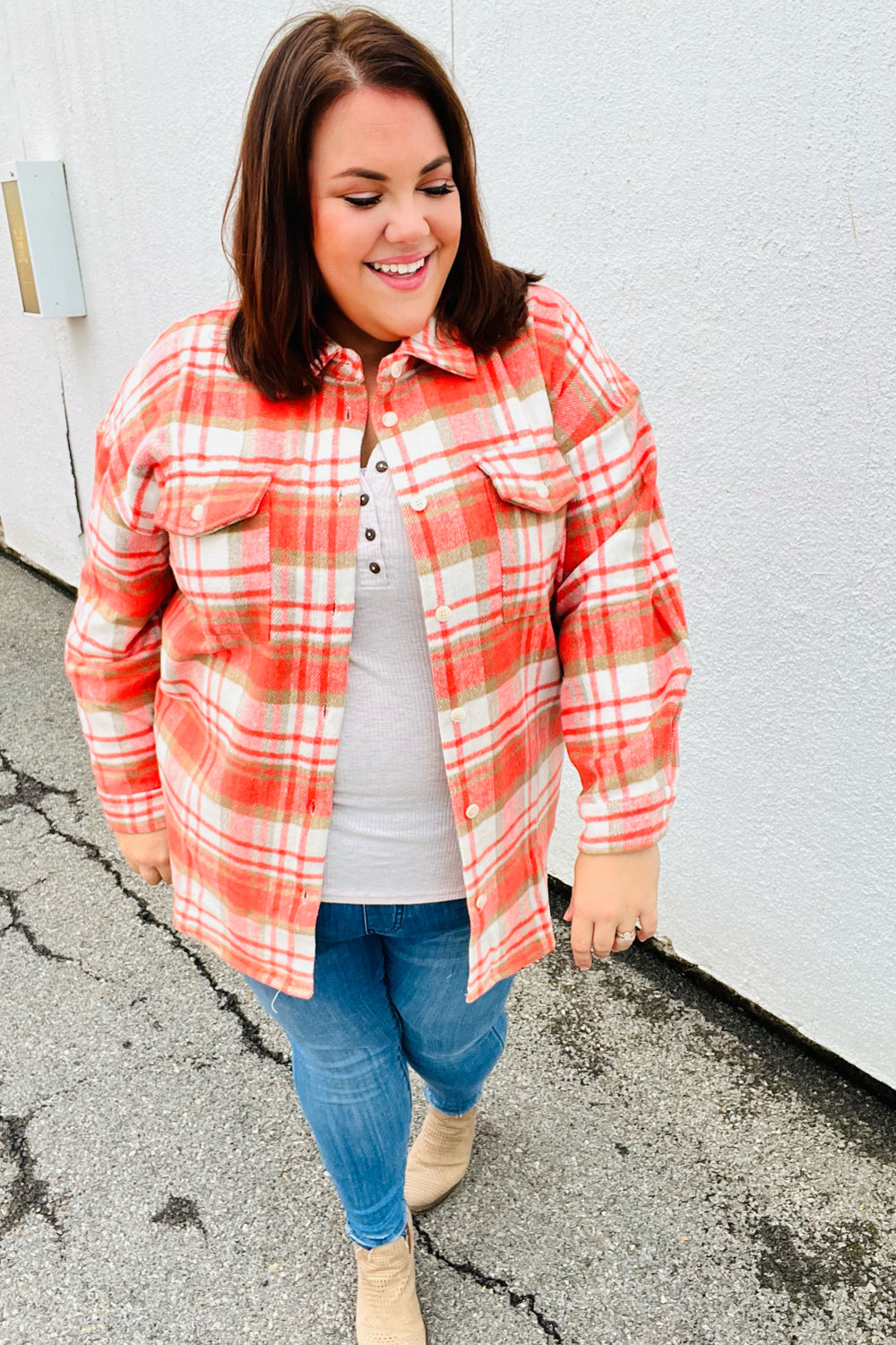 Orange Plaid Flannel Button Down Shacket -SALE-