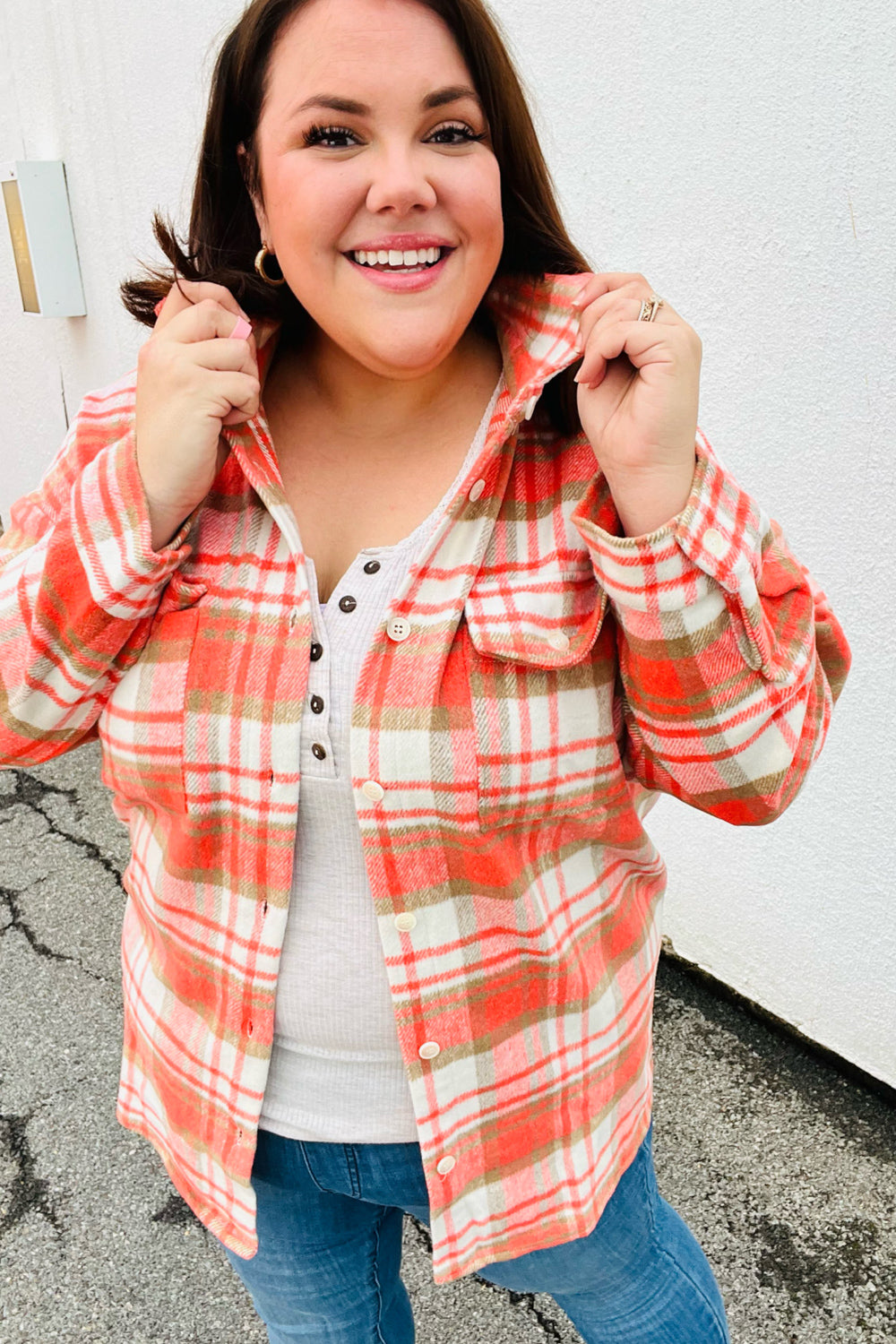 Orange Plaid Flannel Button Down Shacket -SALE-