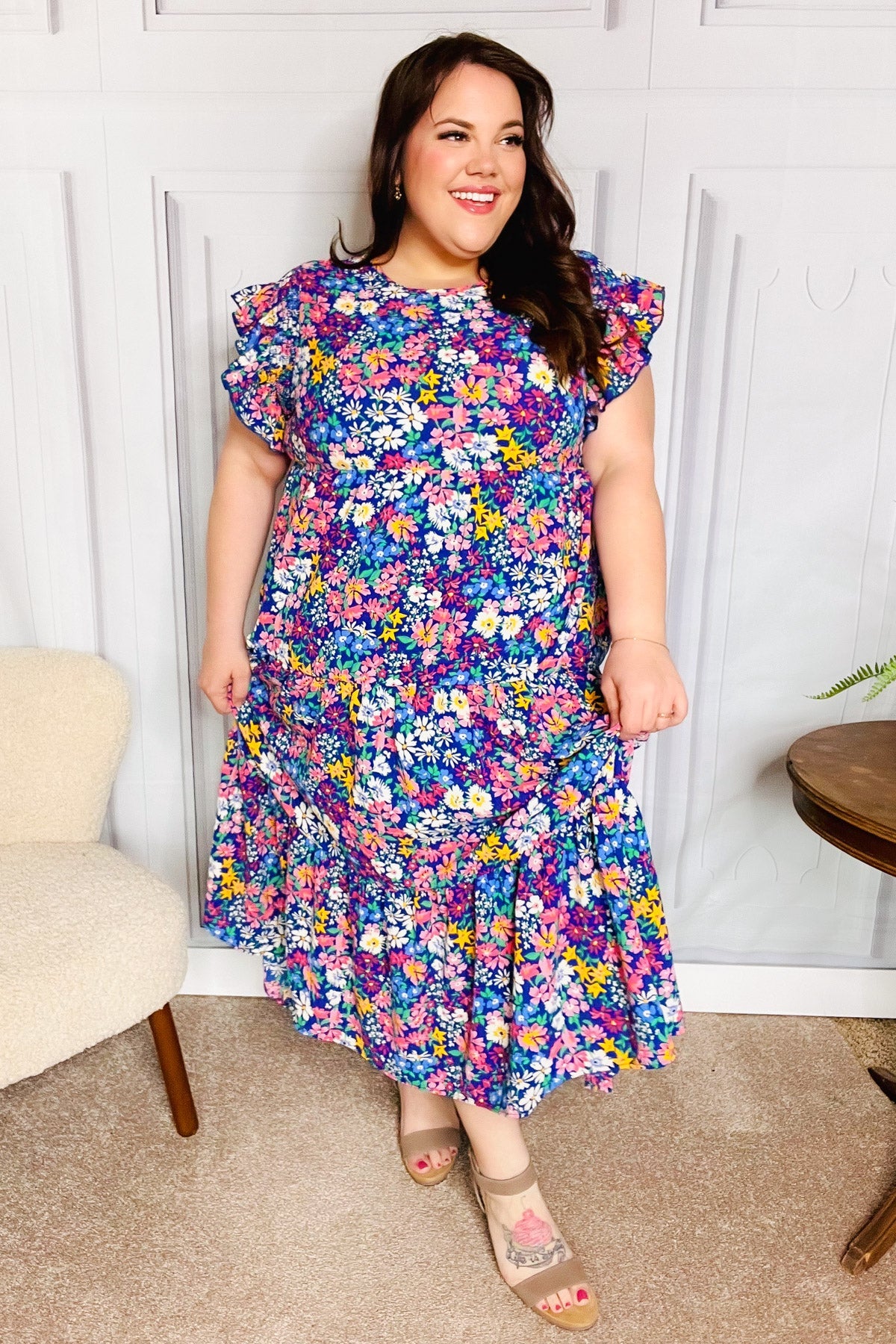 Just A Dream Navy Floral Smocked Ruffle Sleeve Maxi Dress -SALE-