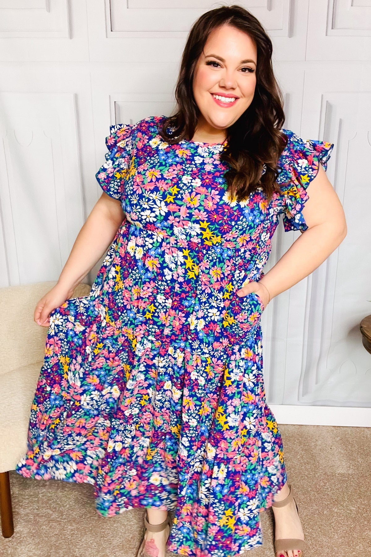 Just A Dream Navy Floral Smocked Ruffle Sleeve Maxi Dress -SALE-