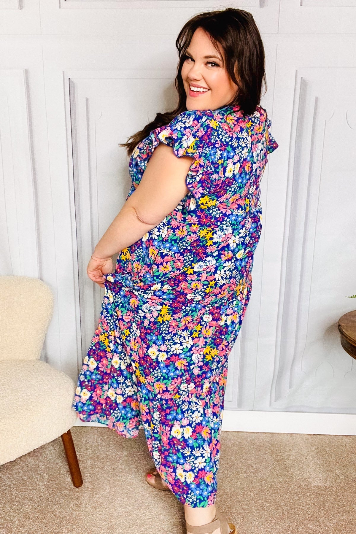 Just A Dream Navy Floral Smocked Ruffle Sleeve Maxi Dress -SALE-