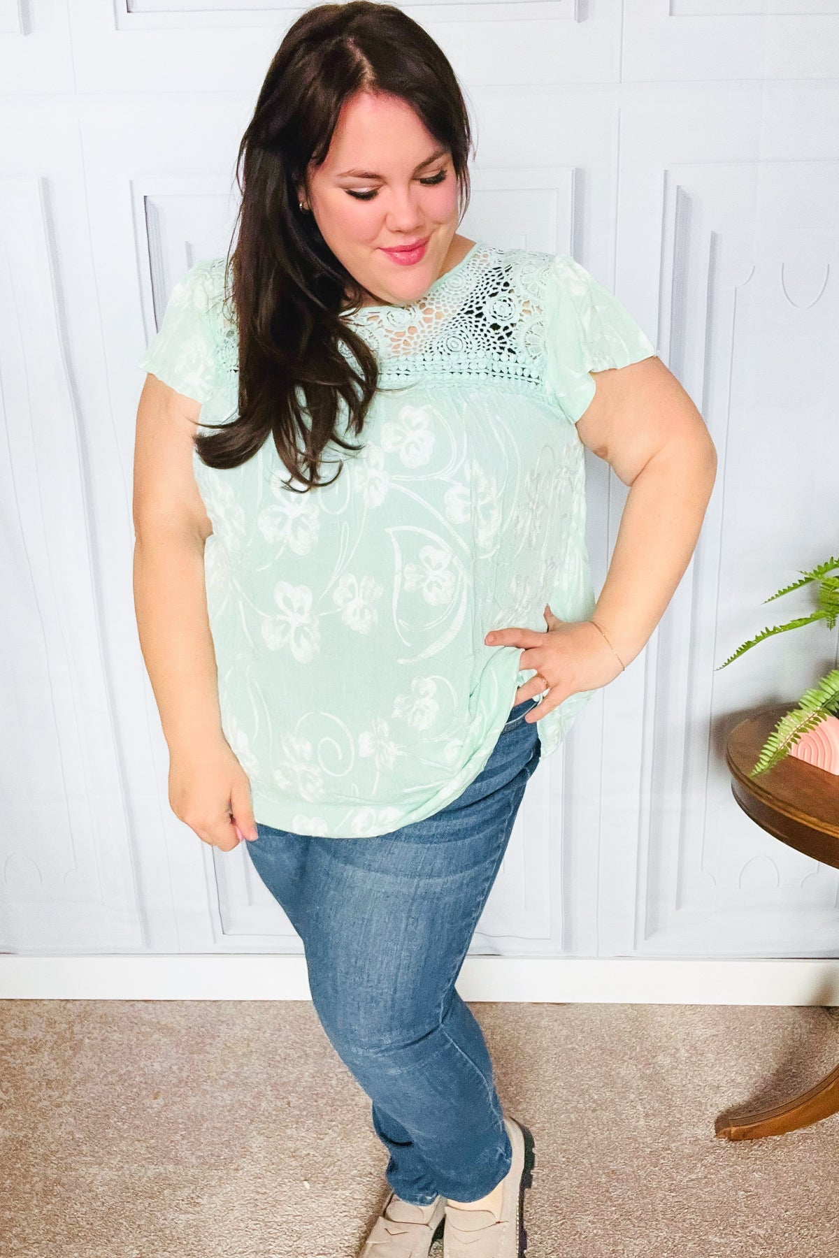 Lovely In Aquamarine Embroidered Flutter Sleeve Woven Top