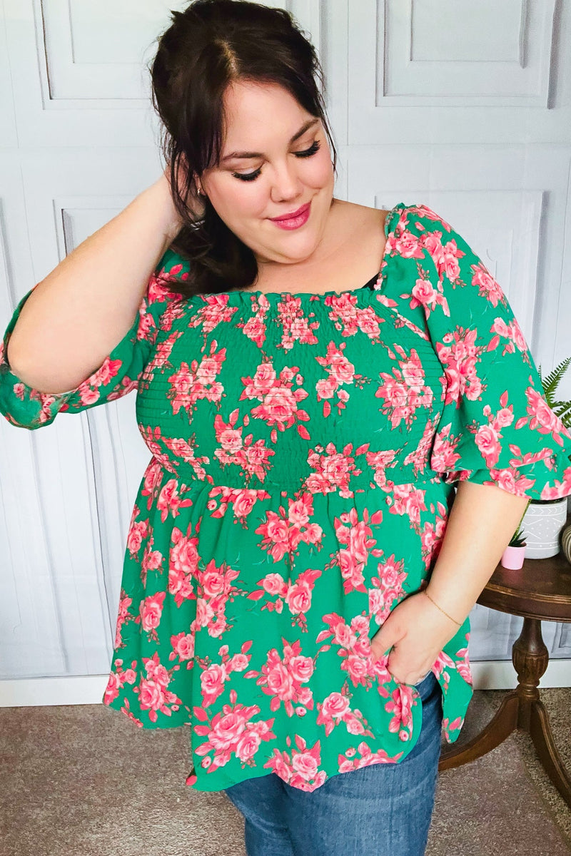 Sumptuous In Smocked Green & Coral Flower Print Babydoll Top