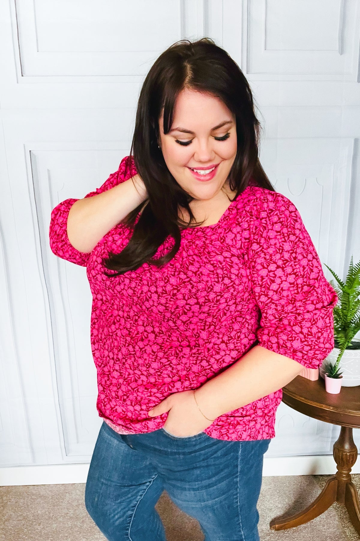 Perfectly You Fuchsia Floral Three Quarter Sleeve Square Neck Top