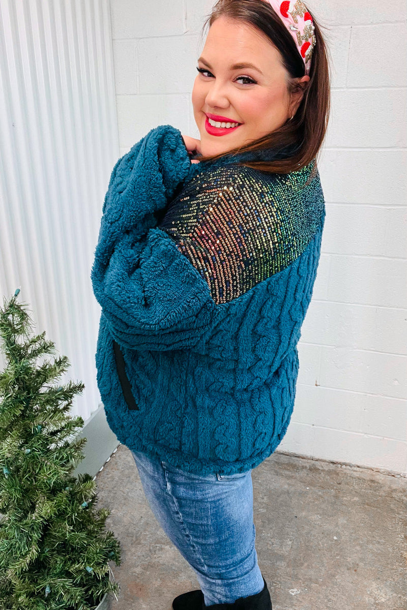 Going With You Teal Sequin & Sherpa Half Zip Pullover