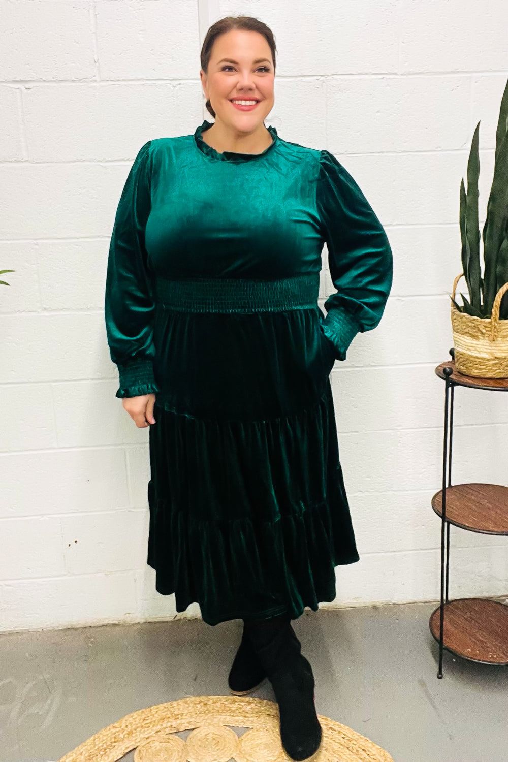 Holiday Dreaming Pine Green Velvet Mock Neck Smocked Waist Dress