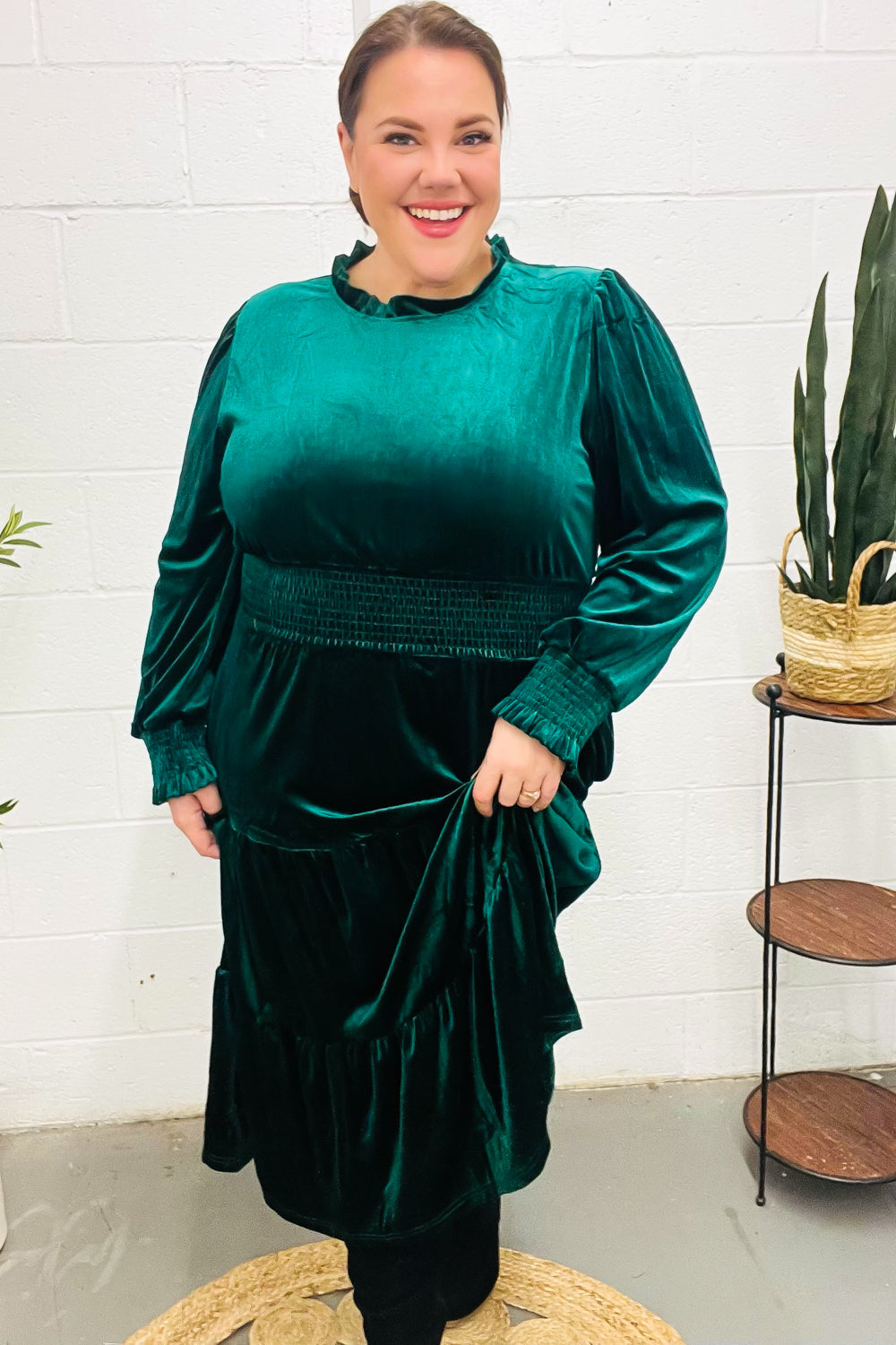 Holiday Dreaming Pine Green Velvet Mock Neck Smocked Waist Dress