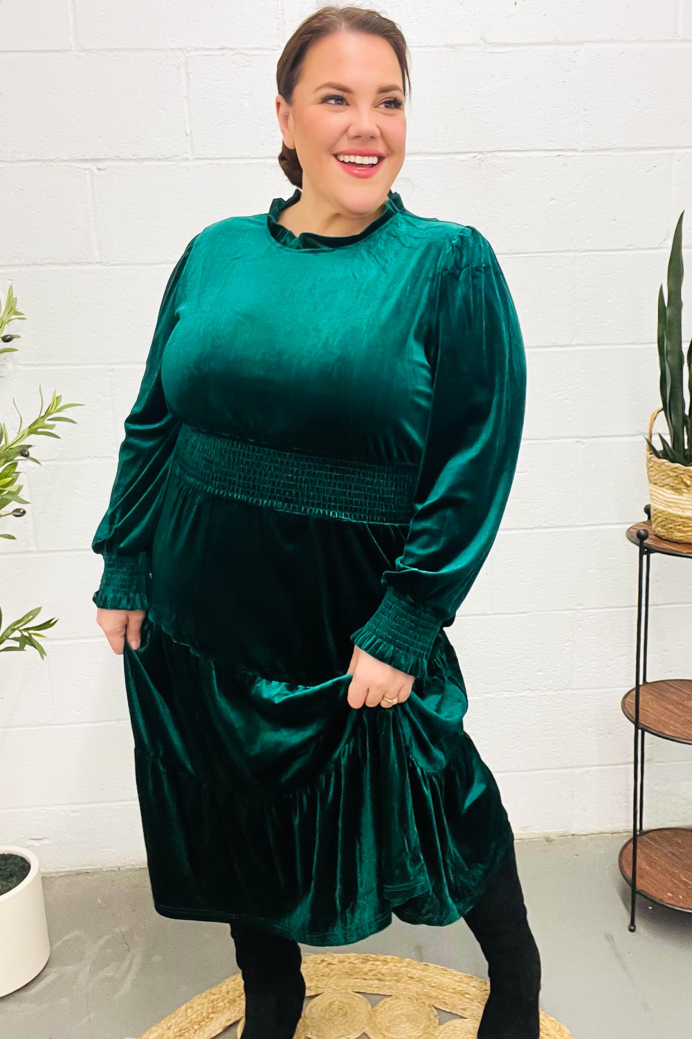 Holiday Dreaming Pine Green Velvet Mock Neck Smocked Waist Dress