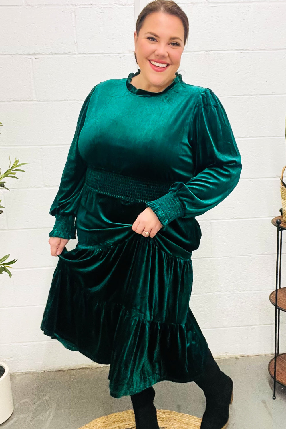 Holiday Dreaming Pine Green Velvet Mock Neck Smocked Waist Dress