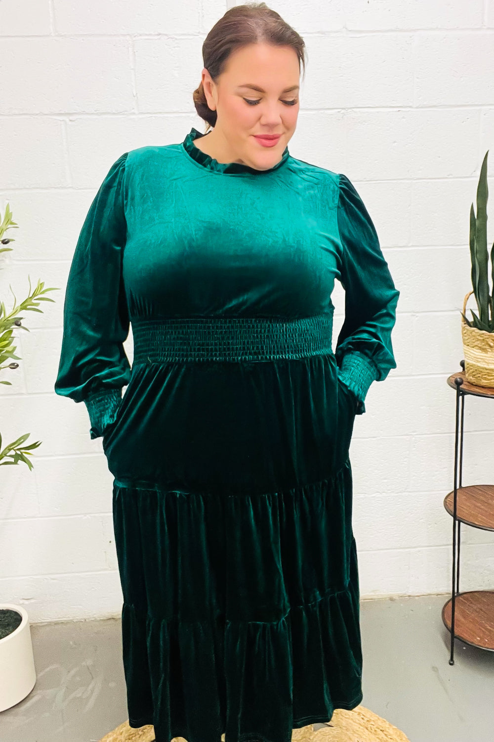 Holiday Dreaming Pine Green Velvet Mock Neck Smocked Waist Dress