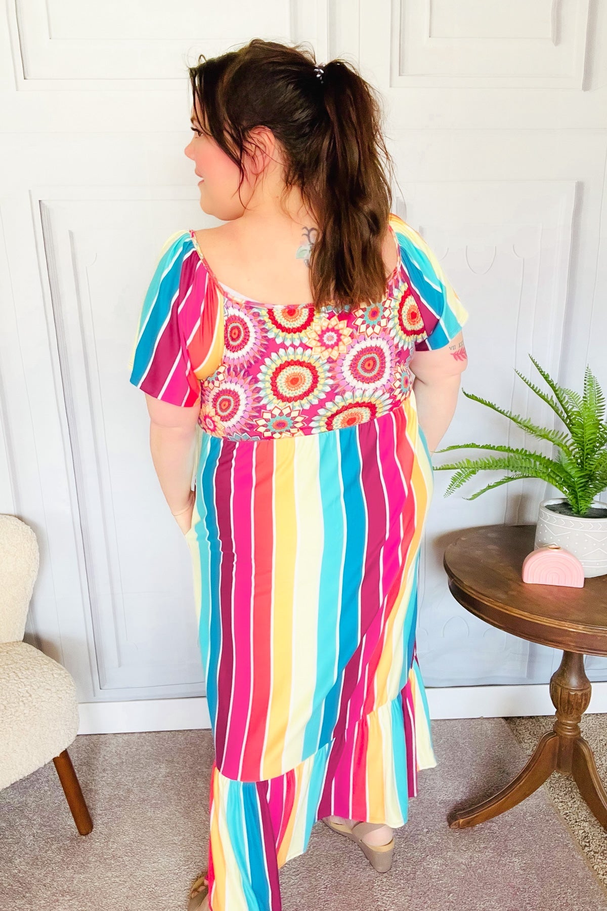 Feeling Bold Fuchsia & Teal Striped Medallion Crochet Print Dress