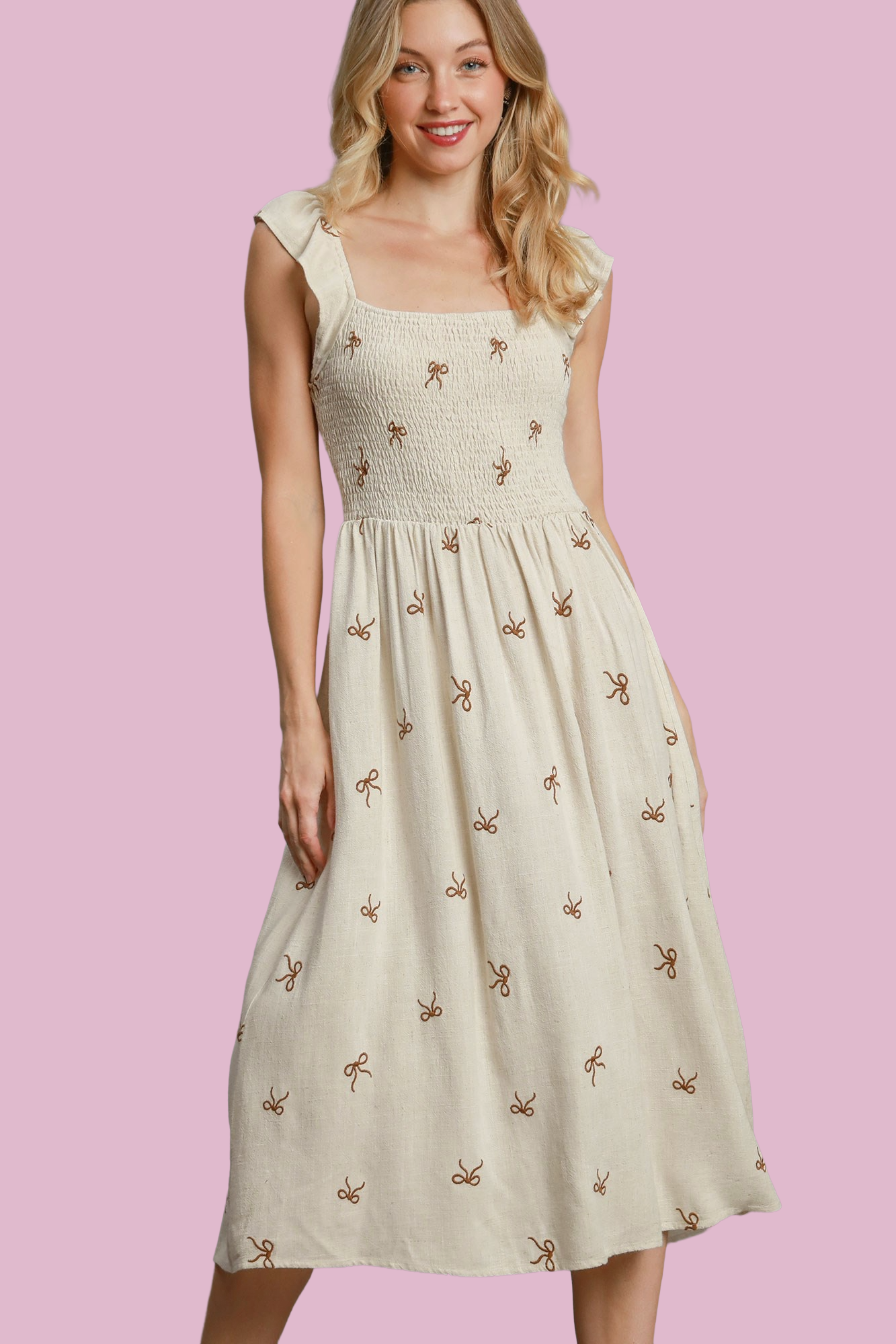 Cottage Cutie Linen Bow Midi Dress