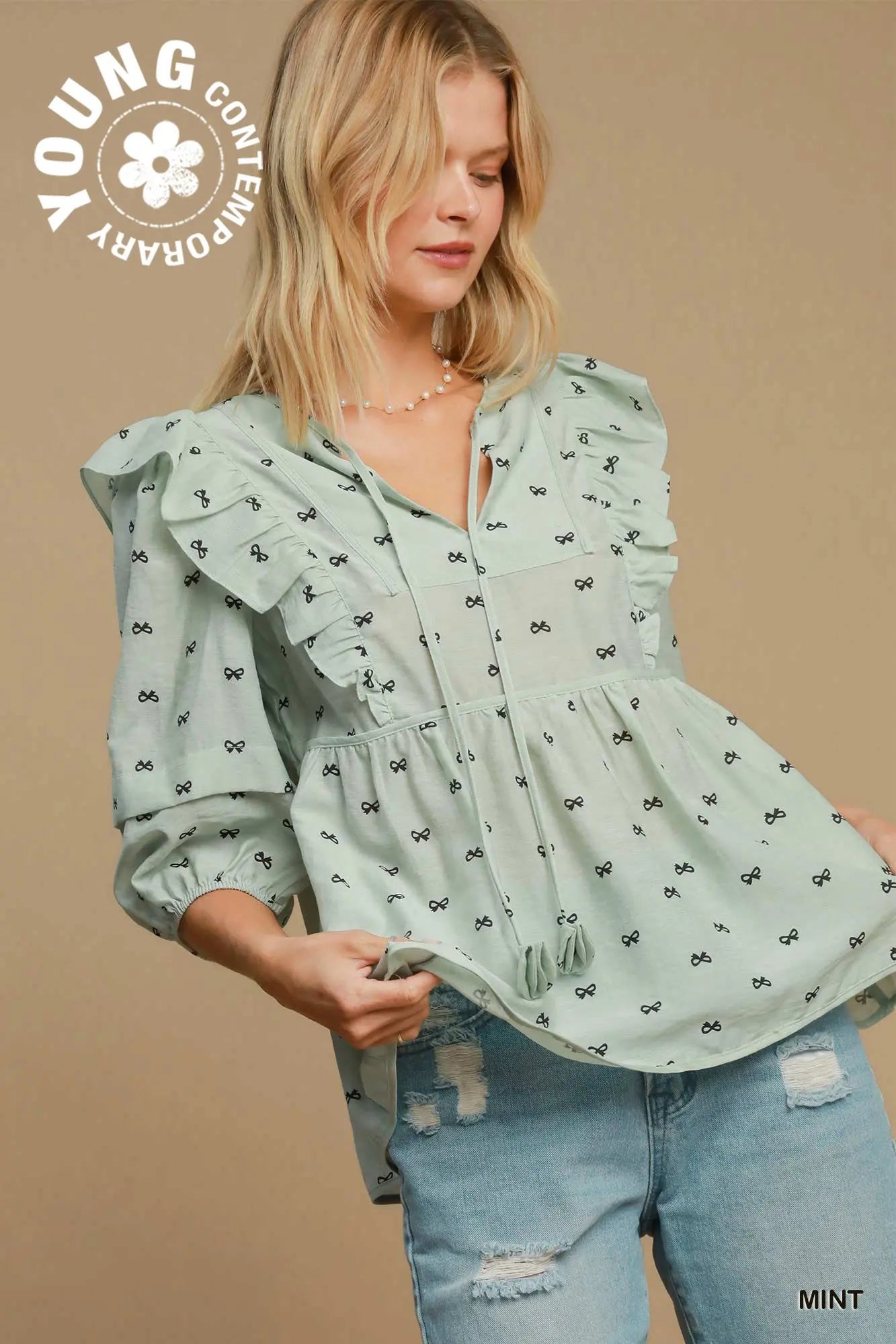 Bow Babydoll Blouse In Mint & Chip