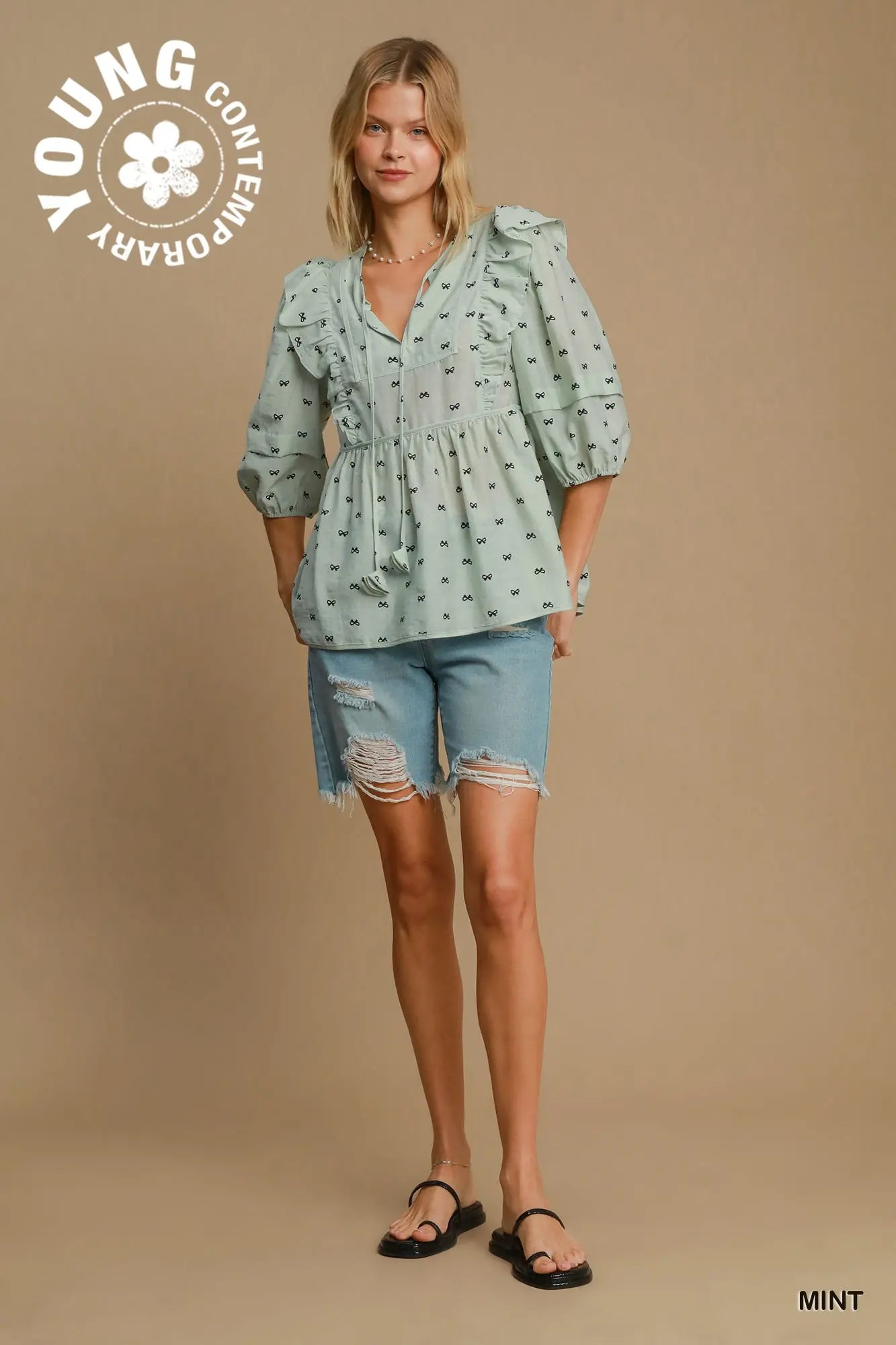 Bow Babydoll Blouse In Mint & Chip